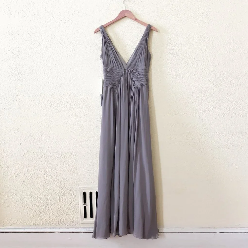 NWT Monique Lhullier Smoke Grey Pleated Chiffon Bridesmaid Dress 4 - Picture 3 of 5